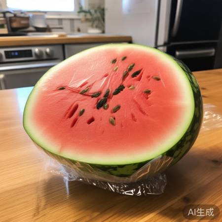 西瓜切半去籽,保鲜膜包好入冰箱