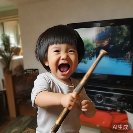 4岁萌娃玩金箍棒，万元电视遭捅毁，家长哭笑不得！